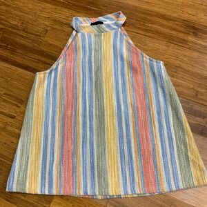 W5 Striped High Neck Sleeveless Top Rainbow Colors Buttons Back Women Size Small